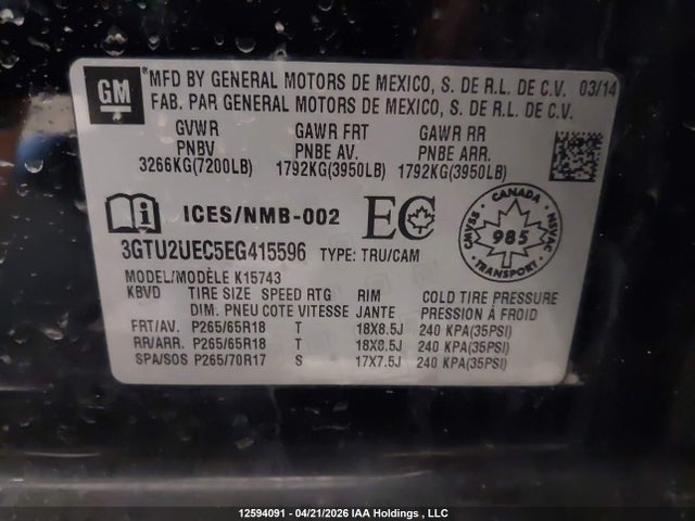12594091 :رقم المزاد ، 3GTU2UEC5EG415596 vin ، 2014 Gmc Sierra 1500 Sle مزاد بيع