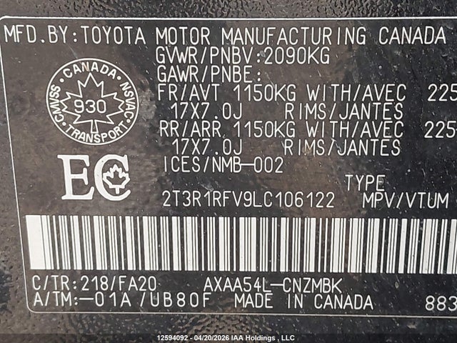 2T3R1RFV9LC106122 Toyota Rav4 Xle/xle Premium