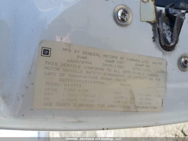 12594094 :رقم المزاد ، 2GTEK19K1S1549966 vin ، 1995 Gmc Sierra K1500 مزاد بيع