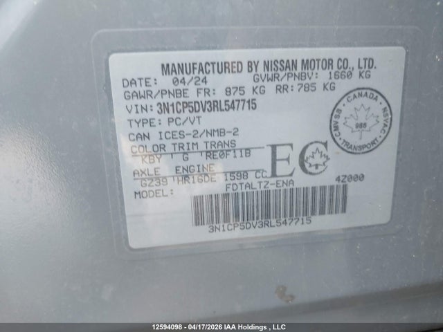 12594098 :رقم المزاد ، 3N1CP5DV3RL547715 vin ، 2024 Nissan Kicks Sr مزاد بيع