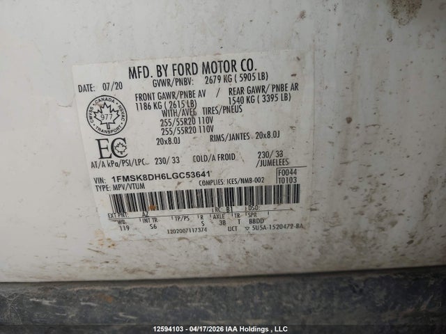 Aukcja sprzedaży 2020 Ford Explorer Xlt, vin: 1FMSK8DH6LGC53641, numer aukcji: 12594103