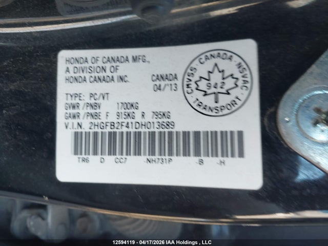 Aukcja sprzedaży 2013 Honda Civic Lx, vin: 2HGFB2F41DH013689, numer aukcji: 12594119