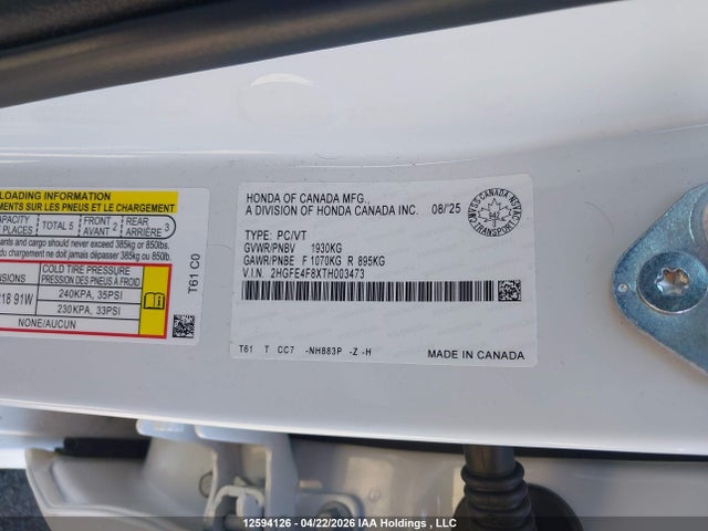 Aukcja sprzedaży 2026 Honda Civic Hybrid, vin: 2HGFE4F8XTH003473, numer aukcji: 12594126