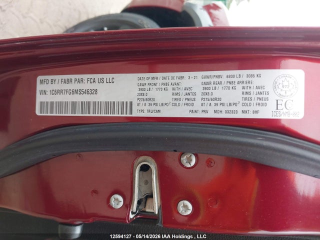 12594127 :رقم المزاد ، 1C6RR7FG6MS546328 vin ، 2021 Ram 1500 Classic Tradesman مزاد بيع