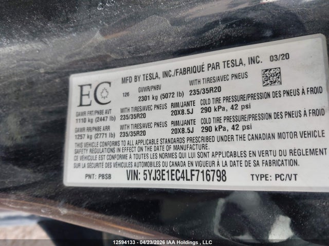 12594133 :رقم المزاد ، 5YJ3E1EC4LF716798 vin ، 2020 Tesla Model 3 Performance مزاد بيع