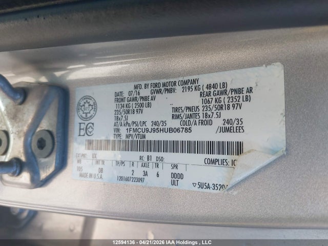 Продажа на аукционе авто 2017 Ford Escape Titanium, vin: 1FMCU9J95HUB06785, номер лота: 12594136