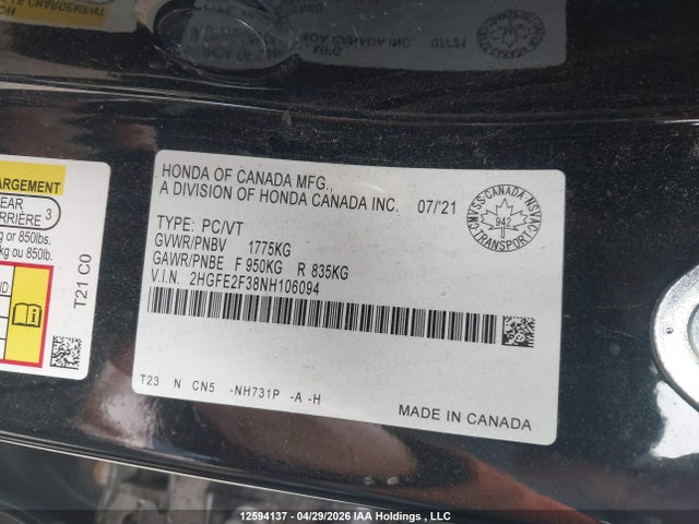 Honda Civic Ex 4dr 2022 2HGFE2F38NH106094 Image 9