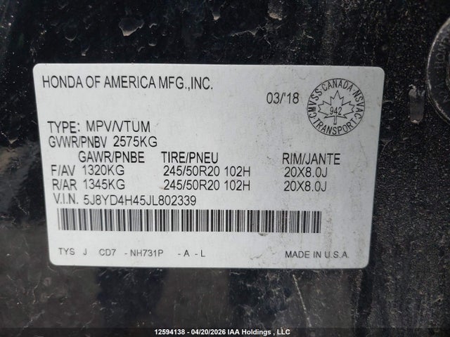 5J8YD4H45JL802339 Acura Mdx Navigation Package
