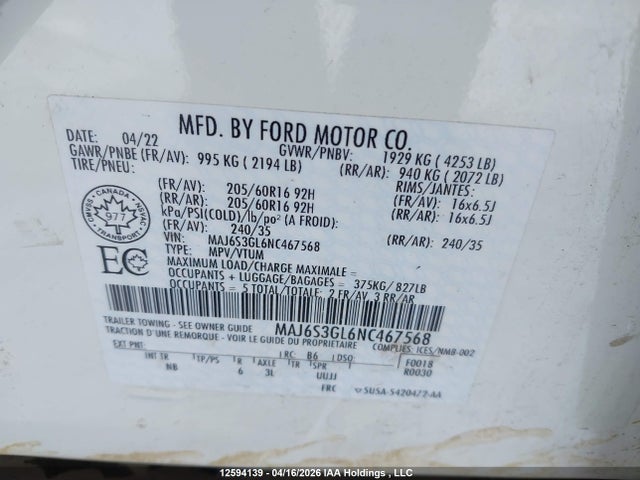 2022 Ford Ecosport Se მანქანა იყიდება აუქციონზე, vin: MAJ6S3GL6NC467568, აუქციონის ნომერი: 12594139