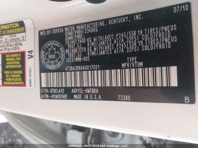 12594140 :رقم المزاد ، 4T3BA3BBXAU017021 vin ، 2010 Toyota Venza مزاد بيع