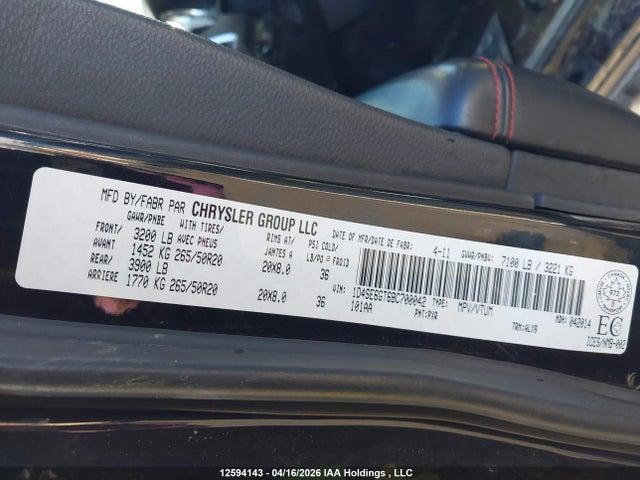 12594143 :رقم المزاد ، 1D4SE6GT6BC700042 vin ، 2011 Dodge Durango R/t مزاد بيع