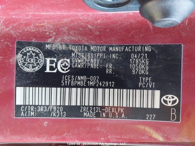 12594145 :رقم المزاد ، 5YFBPMBE1MP242912 vin ، 2021 Toyota Corolla مزاد بيع