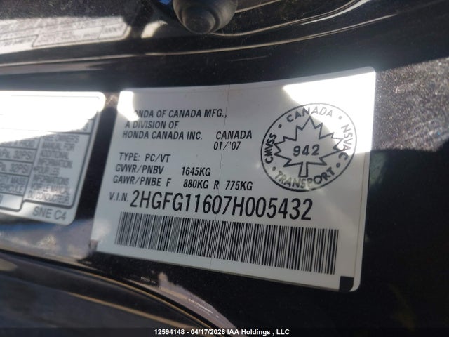 12594148 :رقم المزاد ، 2HGFG11607H005432 vin ، 2007 Honda Civic Lx مزاد بيع