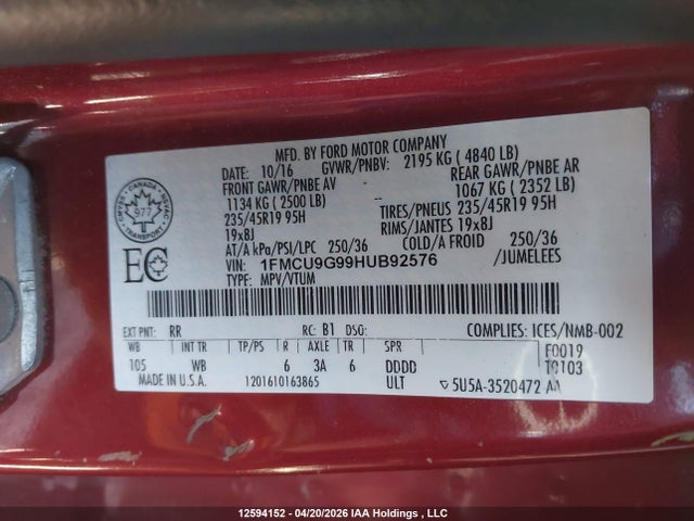 2017 Ford Escape Se მანქანა იყიდება აუქციონზე, vin: 1FMCU9G99HUB92576, აუქციონის ნომერი: 12594152