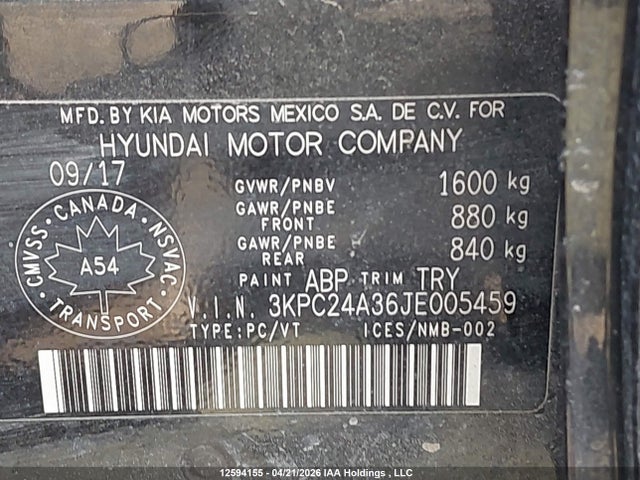 2018 Hyundai Accent Se/sel მანქანა იყიდება აუქციონზე, vin: 3KPC24A36JE005459, აუქციონის ნომერი: 12594155