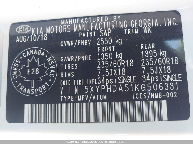 5XYPHDA51KG506331 KIA Sorento 3.3l Ex/3.3l Ex+