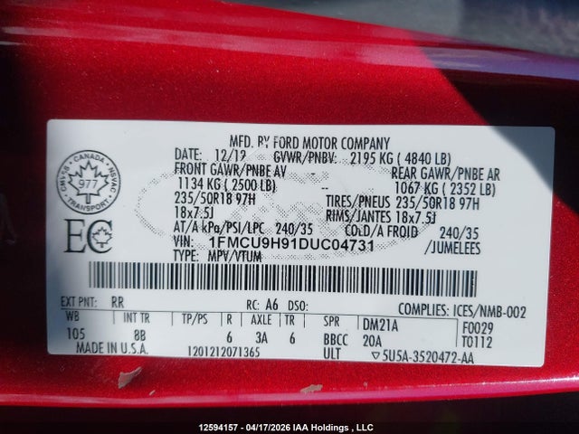 12594157 :رقم المزاد ، 1FMCU9H91DUC04731 vin ، 2013 Ford Escape Sel مزاد بيع