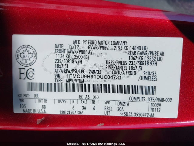 12594157 :رقم المزاد ، 1FMCU9H91DUC04731 vin ، 2013 Ford Escape Sel مزاد بيع