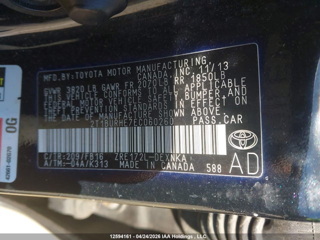 Aukcja sprzedaży 2014 Toyota Corolla Le, vin: 2T1BURHE7EC060260, numer aukcji: 12594161