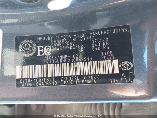 2T1BURHE2HC889919 Toyota COROLLA LE