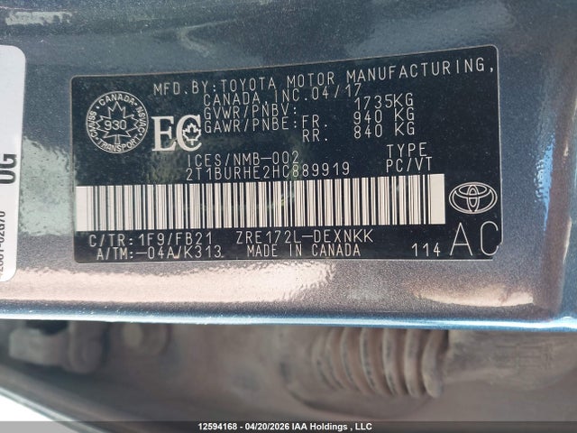 2T1BURHE2HC889919 Toyota COROLLA LE