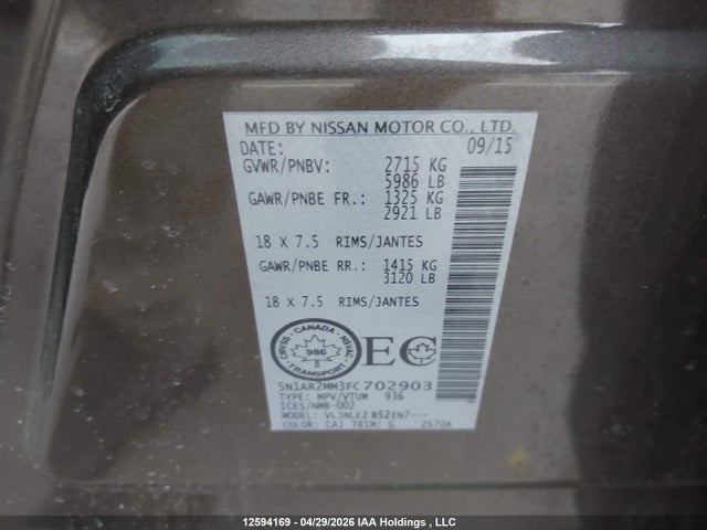 2015 Nissan Pathfinder Platinum/s/sl/sv მანქანა იყიდება აუქციონზე, vin: 5N1AR2MM3FC702903, აუქციონის ნომერი: 12594169