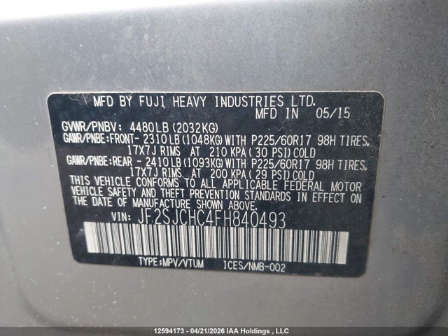 Aukcja sprzedaży 2015 Subaru Forester 2.5i Limited, vin: JF2SJCHC4FH840493, numer aukcji: 12594173