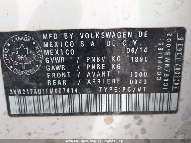 12594186 :رقم المزاد ، 3VW217AU1FM007414 vin ، 2015 Volkswagen Golf مزاد بيع