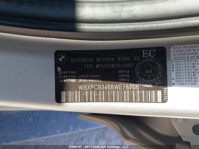12594187 :رقم المزاد ، WBXPC93468WE78706 vin ، 2008 Bmw X3 3.0si مزاد بيع