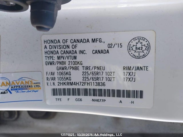 Продаж на аукціоні авто 2015 Honda Cr-v Ex-l, vin: 2HKRM4H72FH113836, номер лоту: 12570525