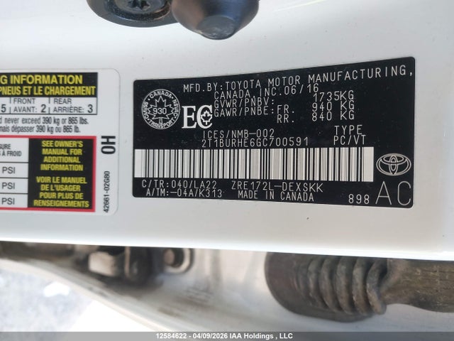2T1BURHE6GC700591 Toyota Corolla S