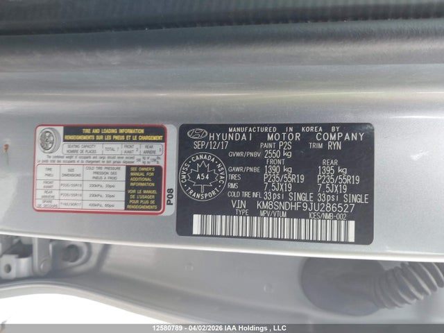 KM8SNDHF9JU286527 Hyundai Santa Fe Xl Limited