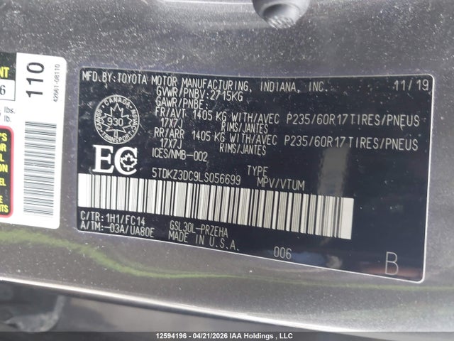 2020 Toyota Sienna Le მანქანა იყიდება აუქციონზე, vin: 5TDKZ3DC9LS056699, აუქციონის ნომერი: 12594196