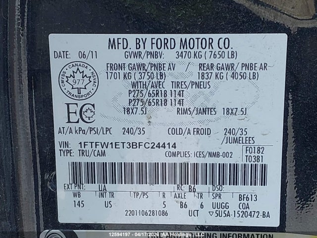 Продаж на аукціоні авто 2011 Ford F150 Supercrew, vin: 1FTFW1ET3BFC24414, номер лоту: 12594197