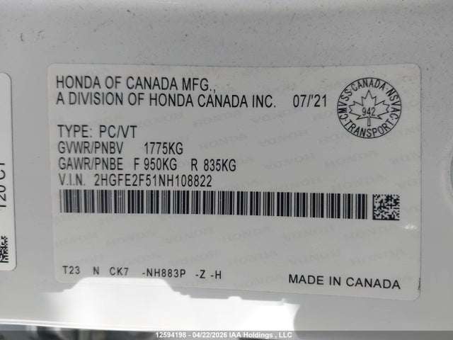 2HGFE2F51NH108822 Honda Civic Sport