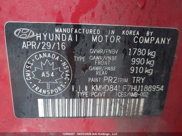 Продаж на аукціоні авто 2017 Hyundai Elantra Se/value/limited, vin: KMHD84LF7HU188954, номер лоту: 12594207