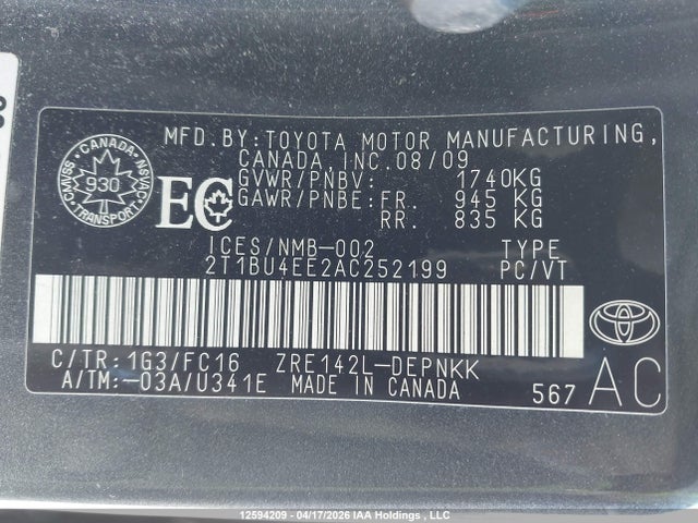 2010 Toyota Corolla S/le/xle მანქანა იყიდება აუქციონზე, vin: 2T1BU4EE2AC252199, აუქციონის ნომერი: 12594209
