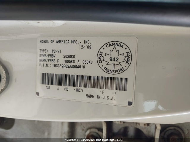 Aukcja sprzedaży 2010 Honda Accord Exl, vin: 1HGCP2F82AA804010, numer aukcji: 12594212