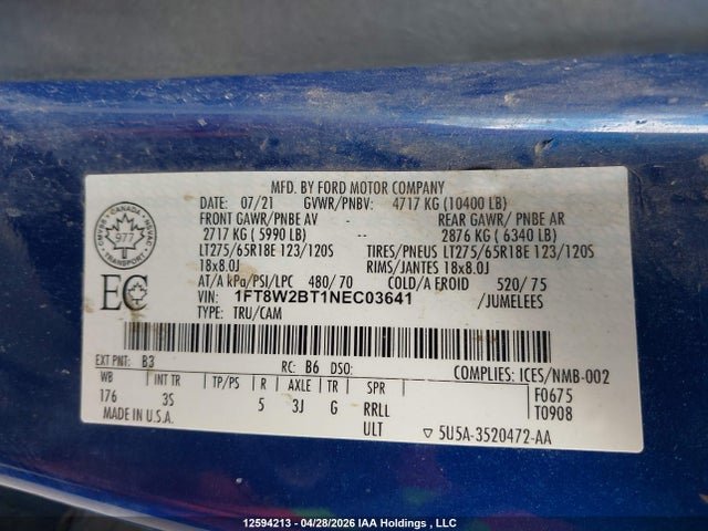 2022 Ford F-250 Xlt მანქანა იყიდება აუქციონზე, vin: 1FT8W2BT1NEC03641, აუქციონის ნომერი: 12594213