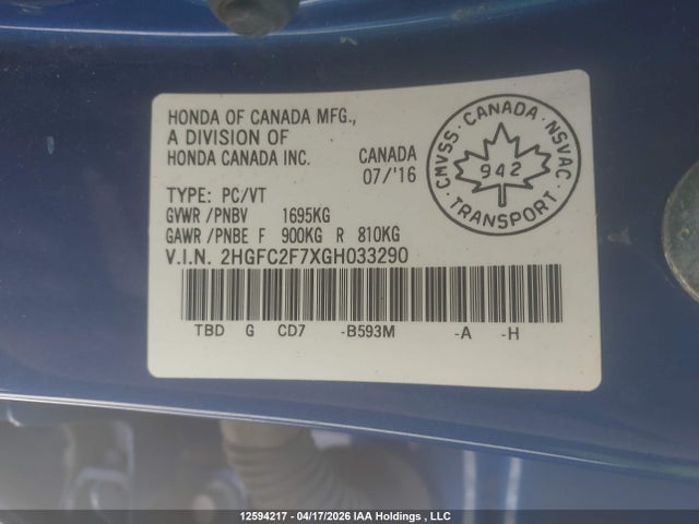 Aukcja sprzedaży 2016 Honda Civic, vin: 2HGFC2F7XGH033290, numer aukcji: 12594217