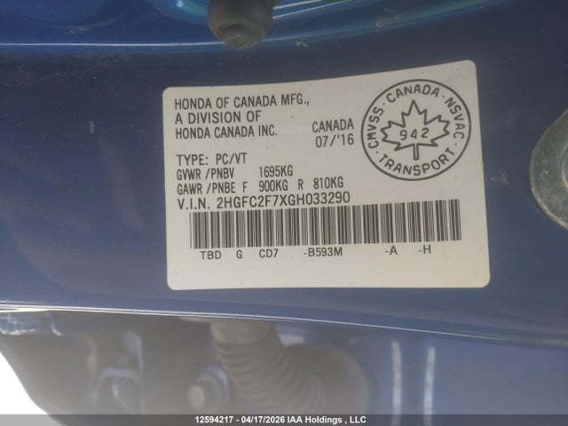 Aukcja sprzedaży 2016 Honda Civic, vin: 2HGFC2F7XGH033290, numer aukcji: 12594217