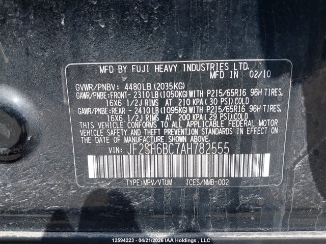 2010 Subaru Forester 2.5x მანქანა იყიდება აუქციონზე, vin: JF2SH6BC7AH782555, აუქციონის ნომერი: 12594223