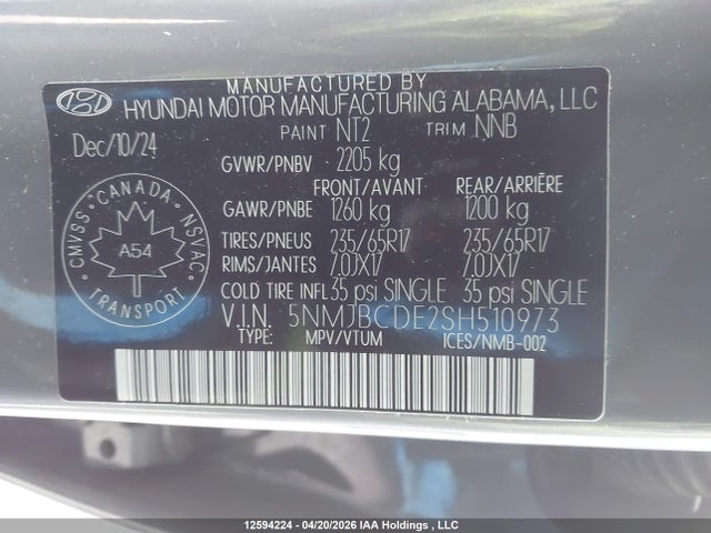 12594224 :رقم المزاد ، 5NMJBCDE2SH510973 vin ، 2025 Hyundai Tucson Sel مزاد بيع