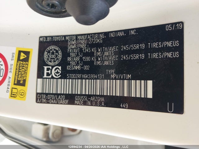 Toyota Highlander Limited 2019 5TDDZRFH6KS994131 Image 9