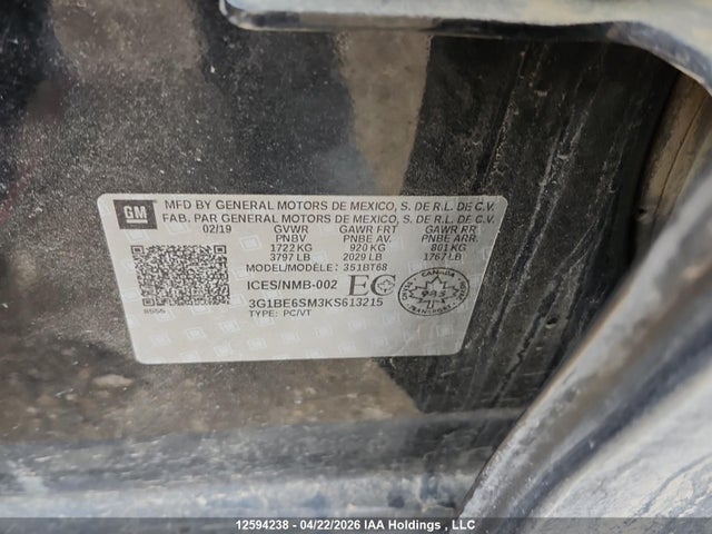 12594238 :رقم المزاد ، 3G1BE6SM3KS613215 vin ، 2019 Chevrolet Cruze Lt مزاد بيع