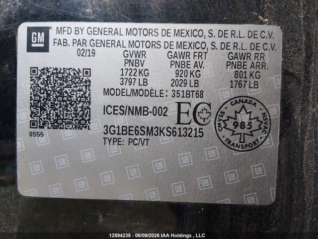 12594238 :رقم المزاد ، 3G1BE6SM3KS613215 vin ، 2019 Chevrolet Cruze Lt مزاد بيع