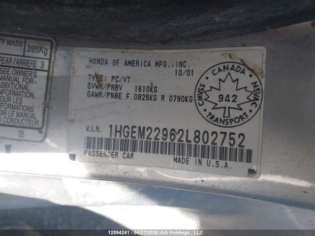 Aukcja sprzedaży 2002 Honda Civic, vin: 1HGEM22962L802752, numer aukcji: 12594241