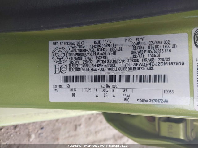 12594242 :رقم المزاد ، 3FADP4BJ2DM157516 vin ، 2013 Ford Fiesta Se مزاد بيع