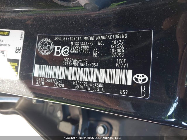 Продаж на аукціоні авто 2022 Toyota Corolla Se, vin: 5YFB4MBE1NP137054, номер лоту: 12594247