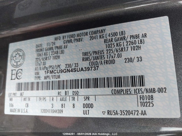 12594251 :رقم المزاد ، 1FMCU9GN4SUA39737 vin ، 2025 Ford Escape مزاد بيع